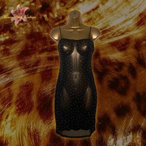 12th Tribe Black Mesh Mini Slip Dress with Rhinestones